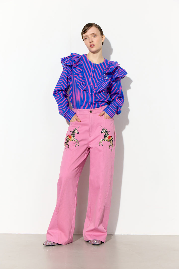 HUNKØN Lucinda Ruffle Shirt Skjorter Blue Striped