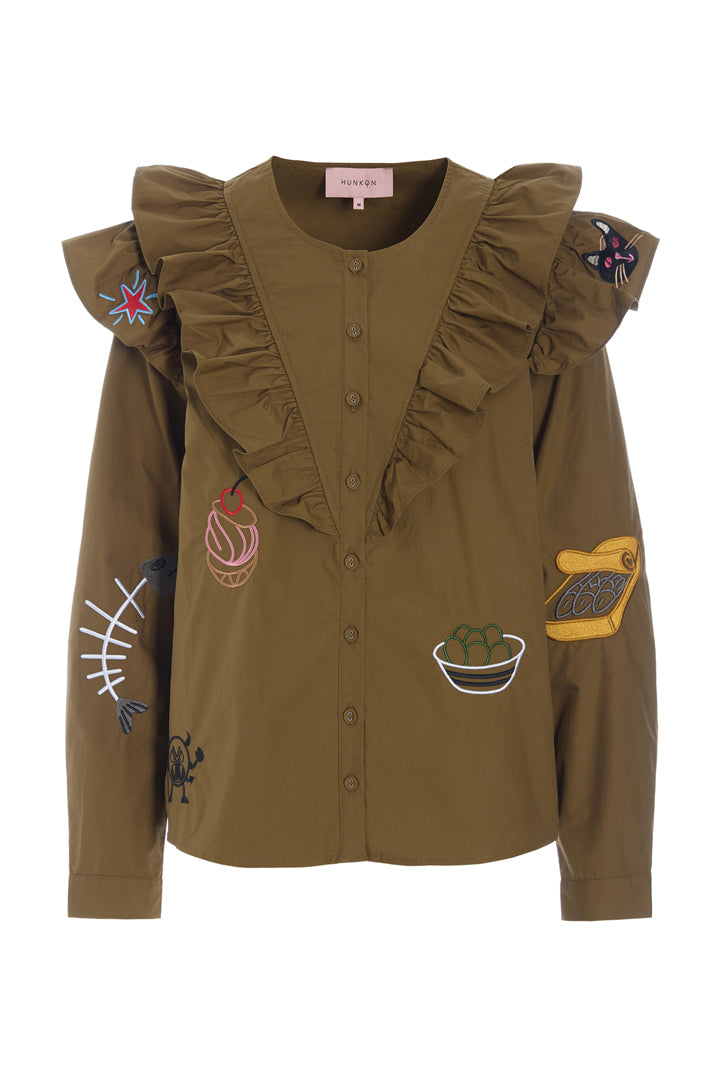 HUNKØN Nola Ruffle Shirt Skjorter Olive