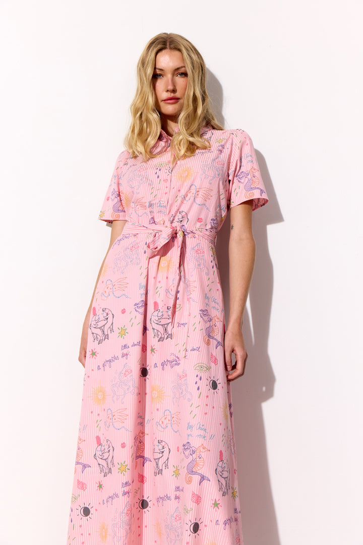 HUNKØN Zoe Dress Kjoler Pink Sea Creatures Art Print