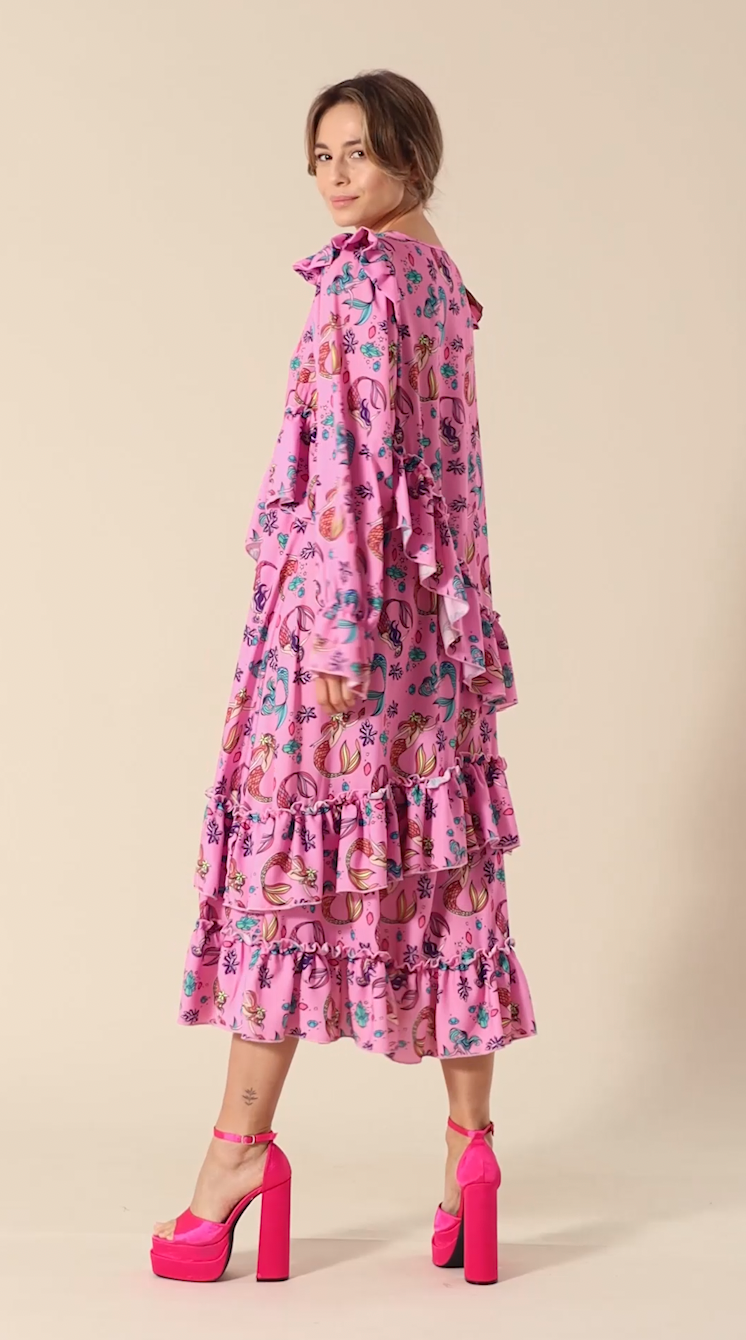 HUNKØN Cille Ruffle Dress Kjoler Pink Mermaid Art Print
