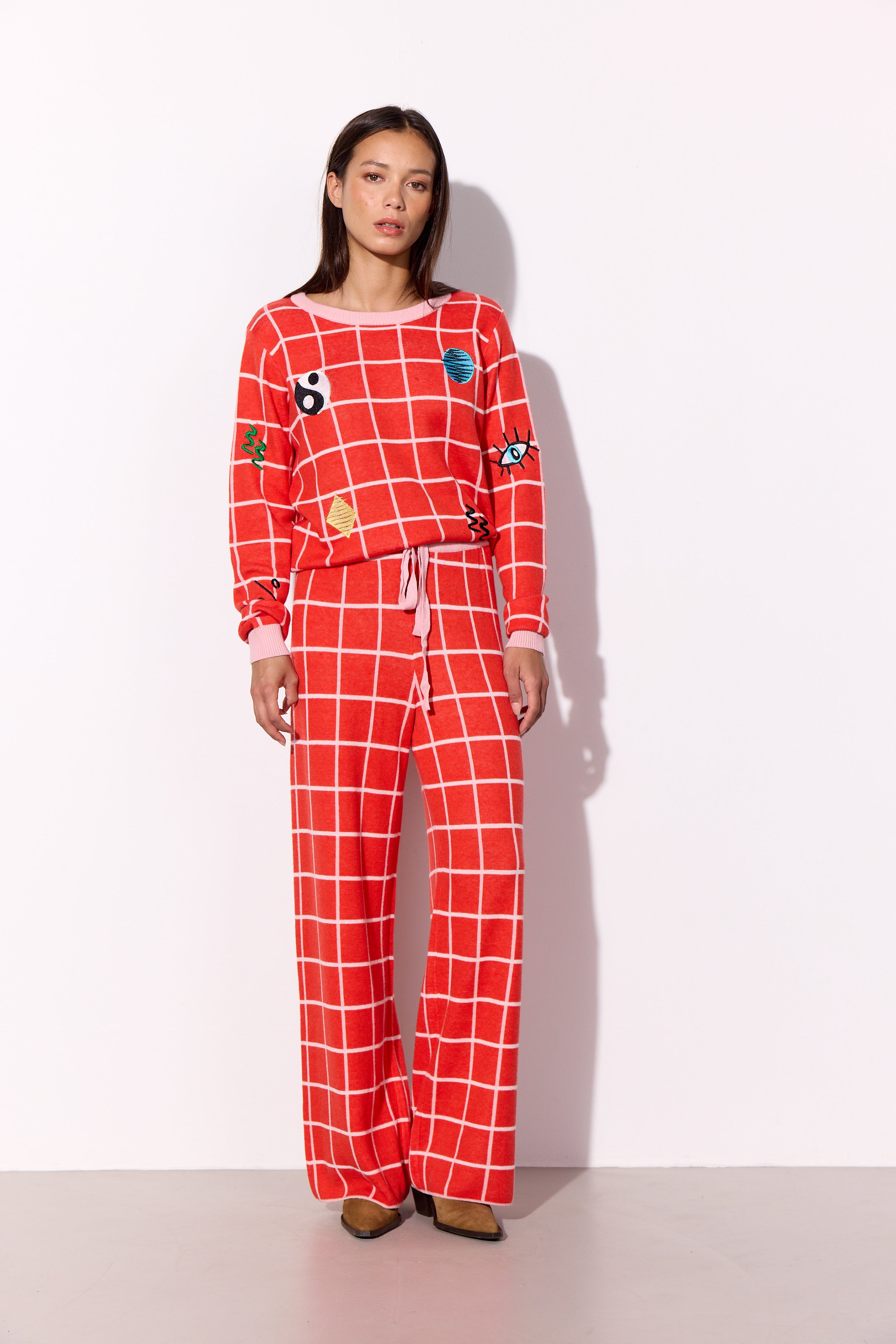HUNKØN Dusty Knit Pants Bukser Red Checked