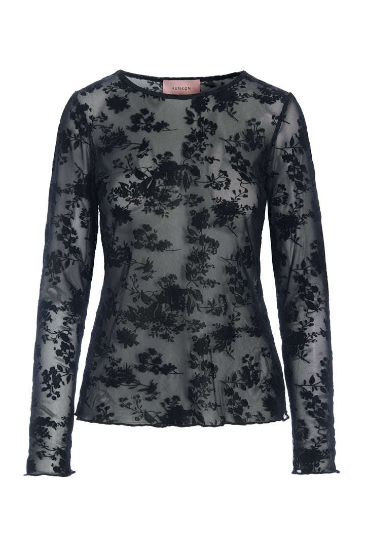 HUNKØN Henry Mesh Blouse Bluser Black Floral