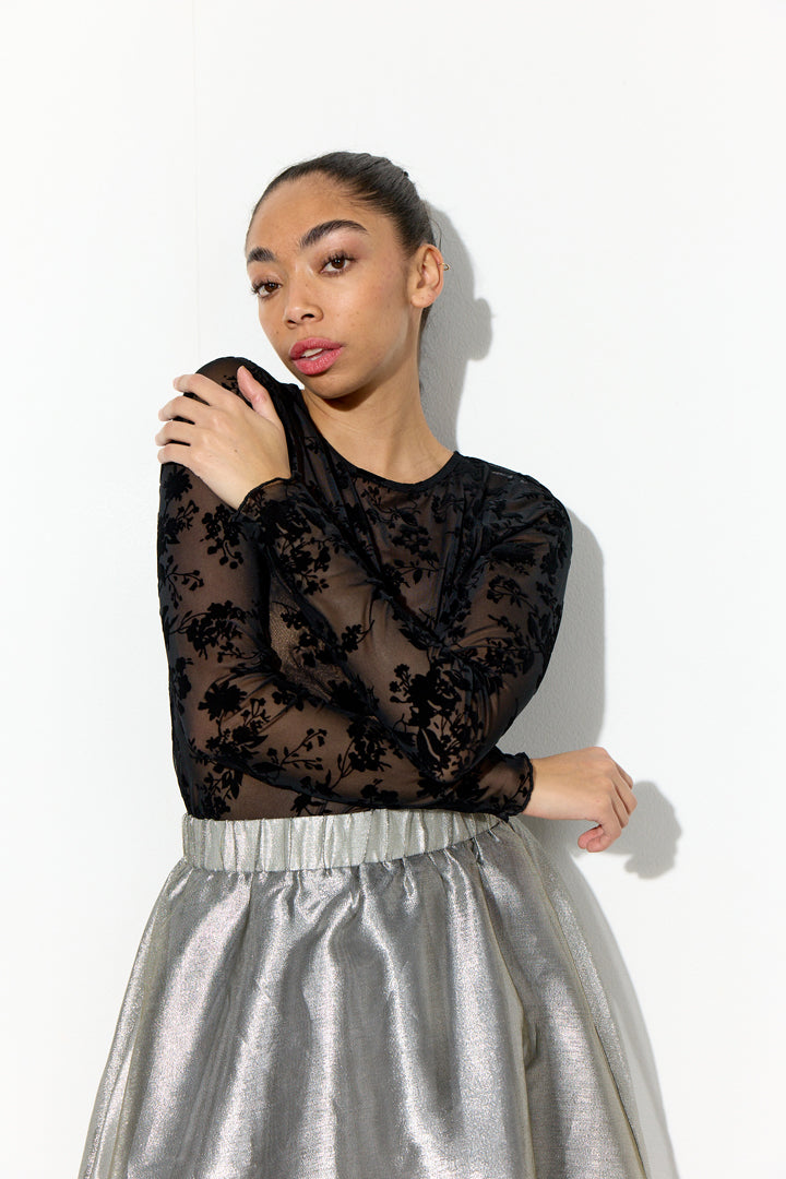 HUNKØN Henry Mesh Blouse Bluser Black Floral