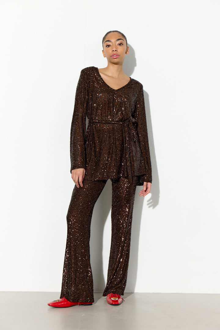 HUNKØN Jona Sequin Blouse Bluser Chestnut