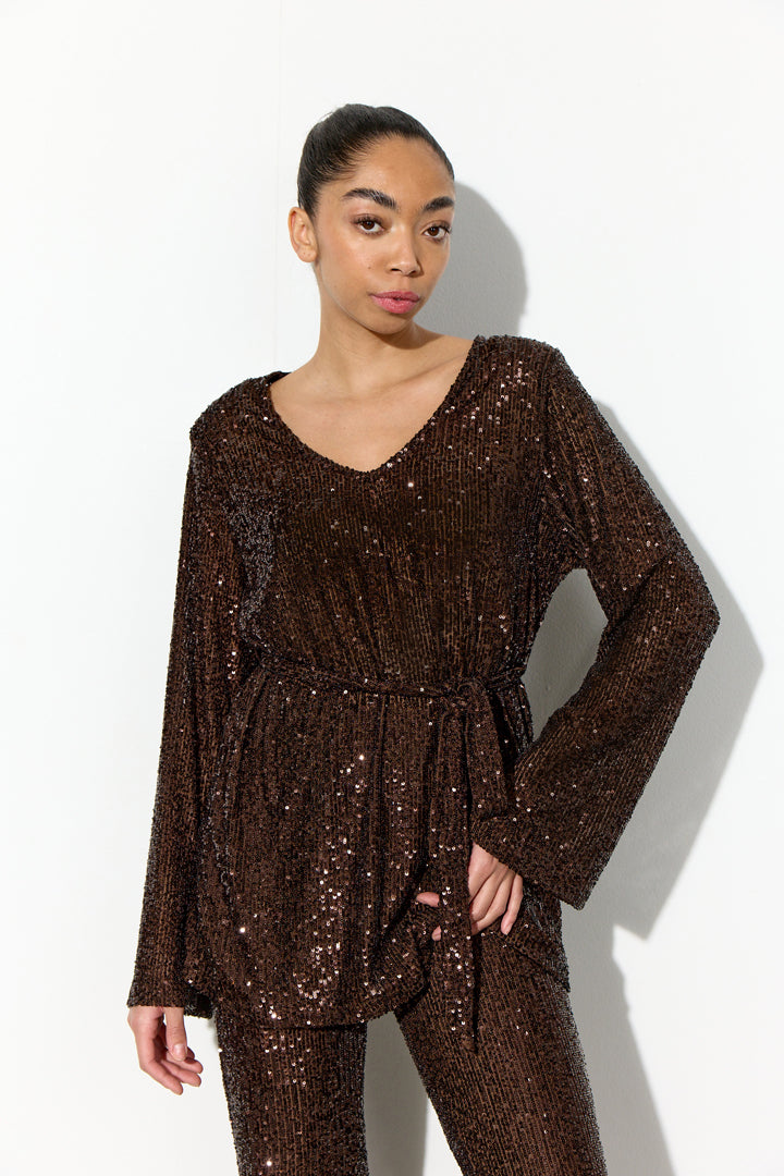 HUNKØN Jona Sequin Blouse Bluser Chestnut