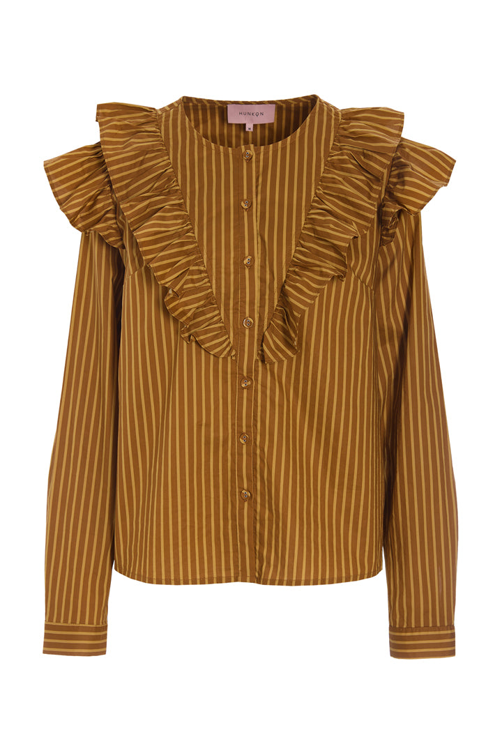 HUNKØN Lucinda Ruffle Shirt Skjorter Caramel Striped
