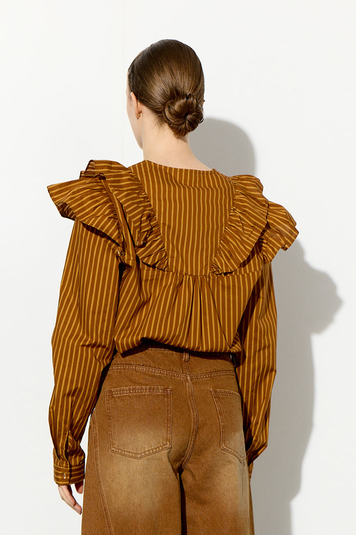 HUNKØN Lucinda Ruffle Shirt Skjorter Caramel Striped