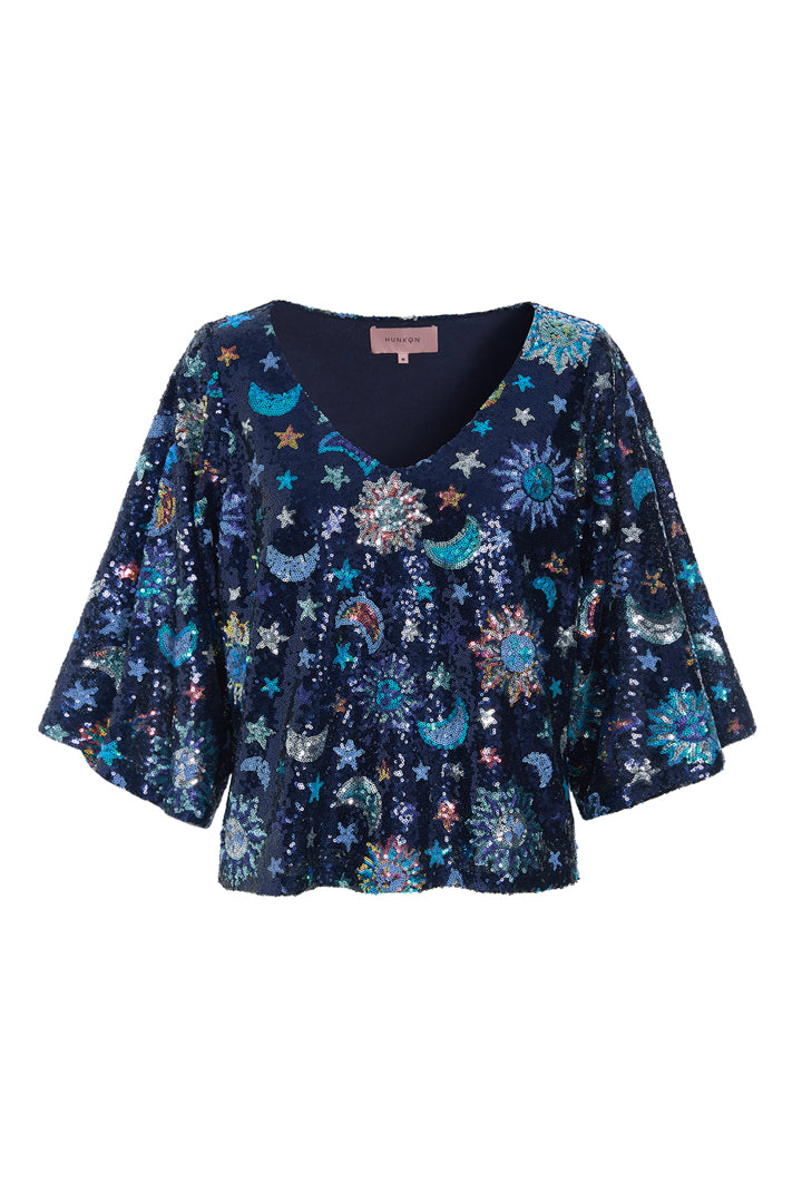 HUNKØN Muna Sequin Top Toppe Navy Glitter