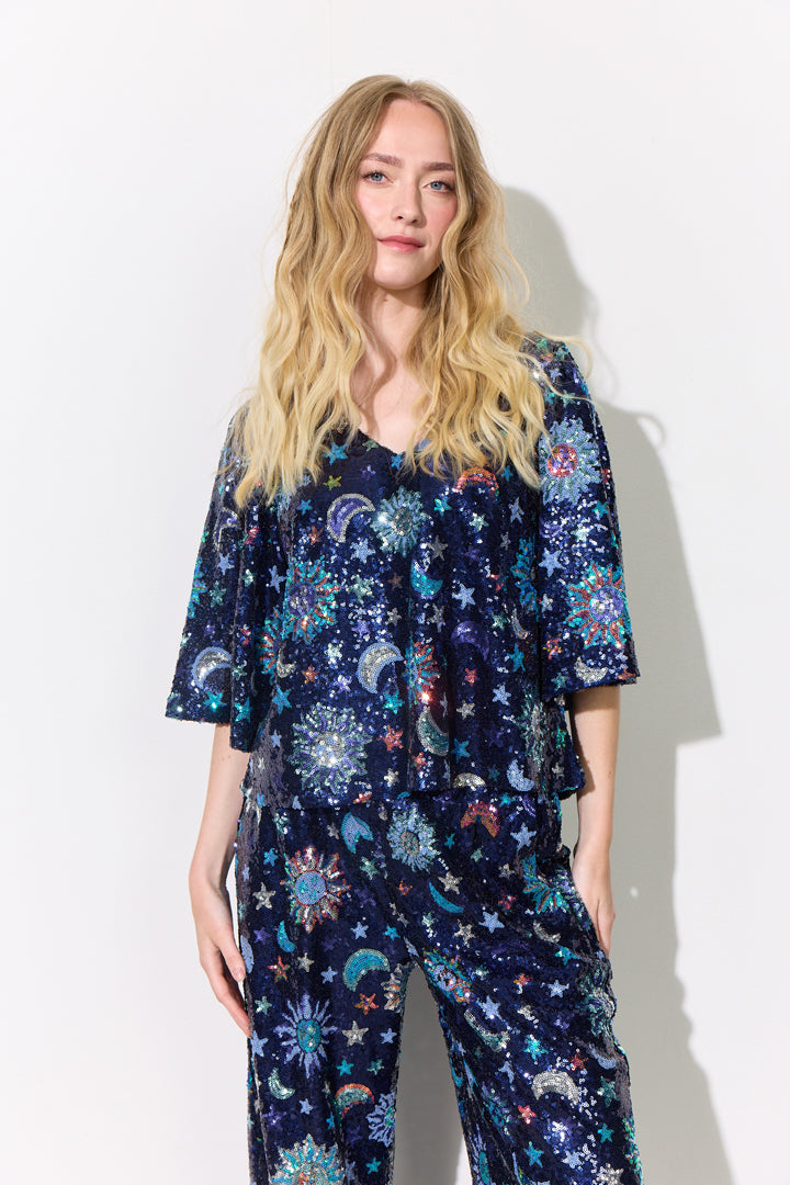 HUNKØN Muna Sequin Top Toppe Navy Glitter