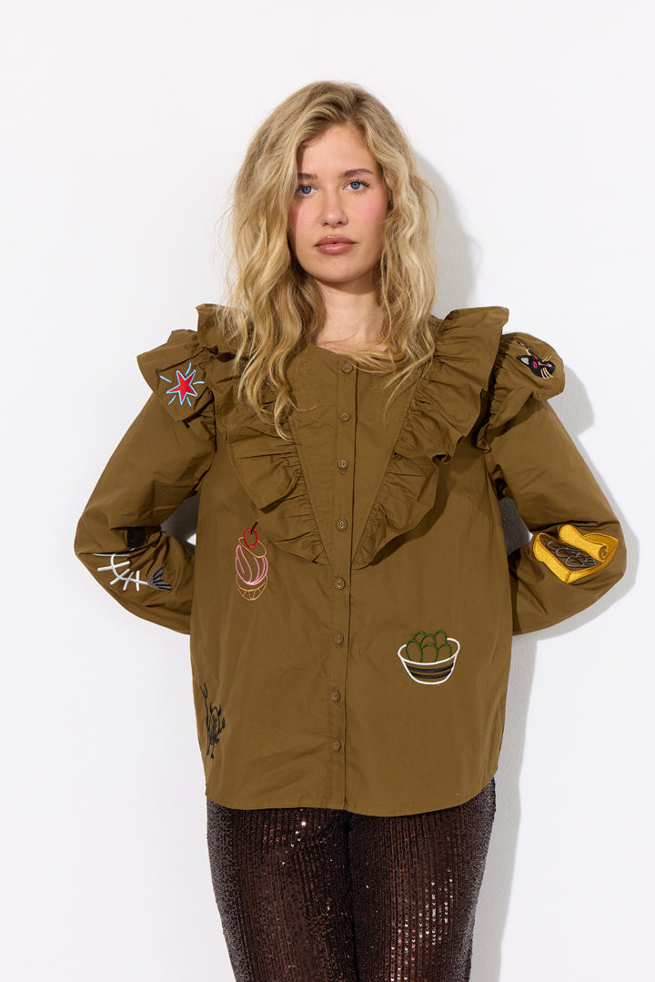 HUNKØN Nola Ruffle Shirt Skjorter Olive