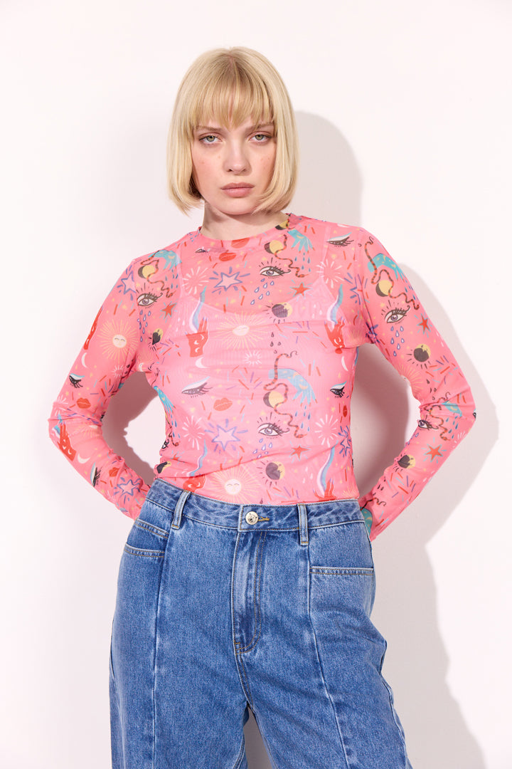 HUNKØN Ozzy Mesh Blouse Bluser Graffiti Art Print