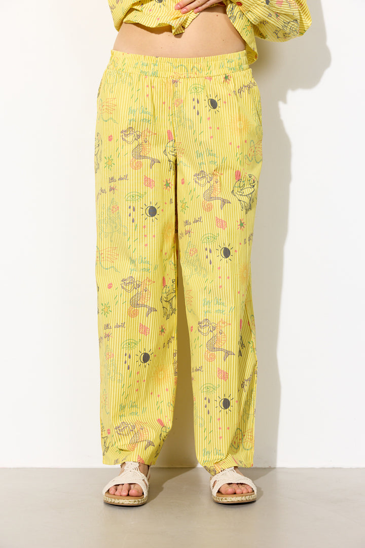 HUNKØN Zoe Trousers Bukser Yellow Sea Creatures Art Print