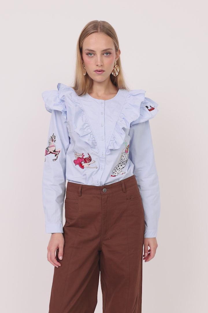 HUNKØN Nola Ruffle Shirt Skjorter Light Blue